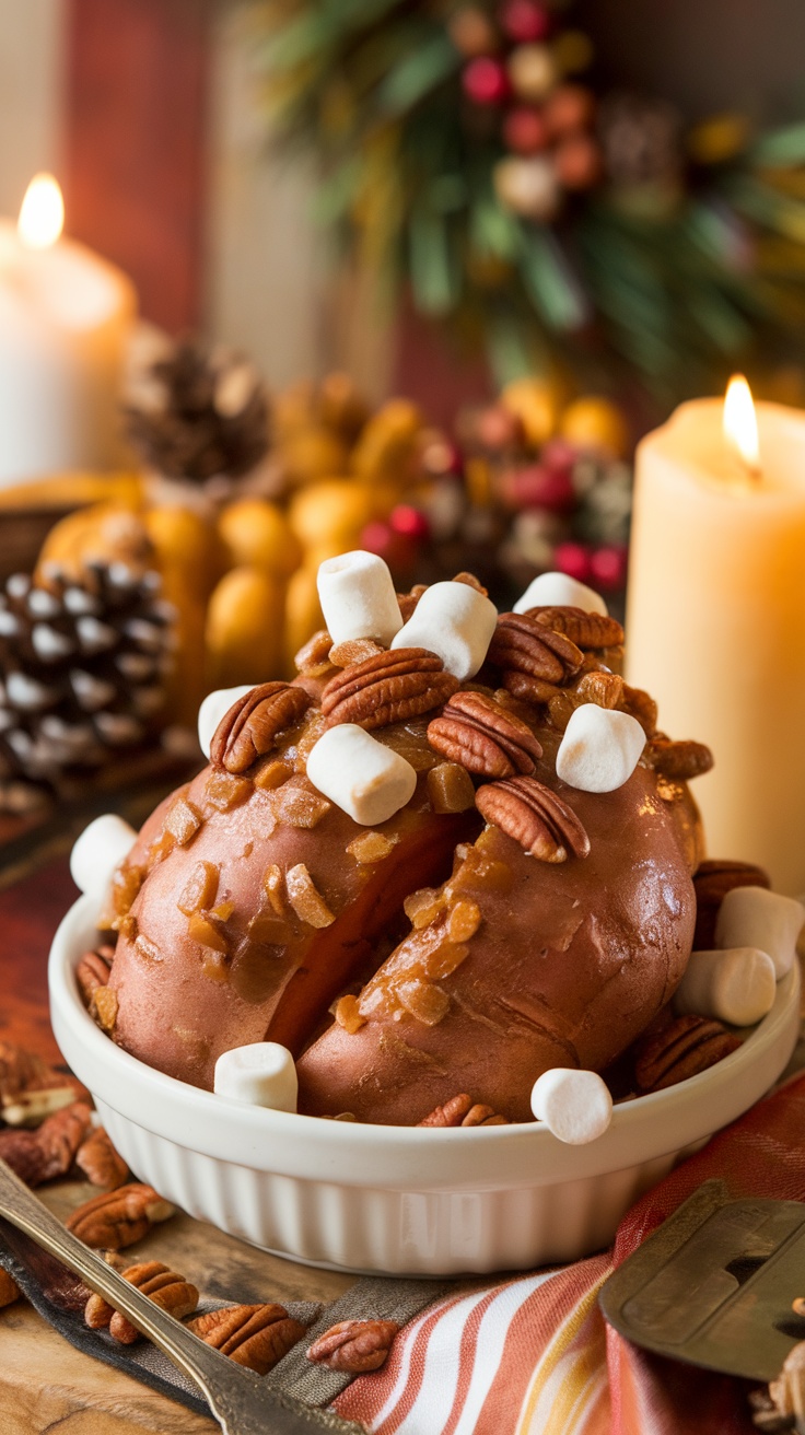 A bowl of glazed sweet potatoes with pecans and marshmallows, set on a holiday table.